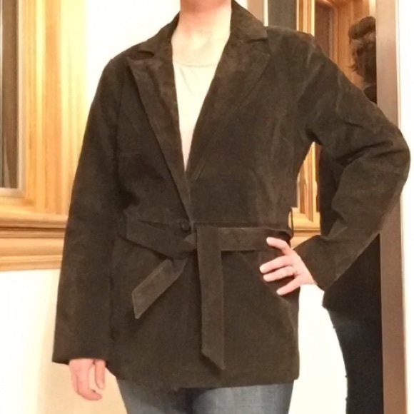 Express dark olive suede jacket with belt - Picture 4 of 4